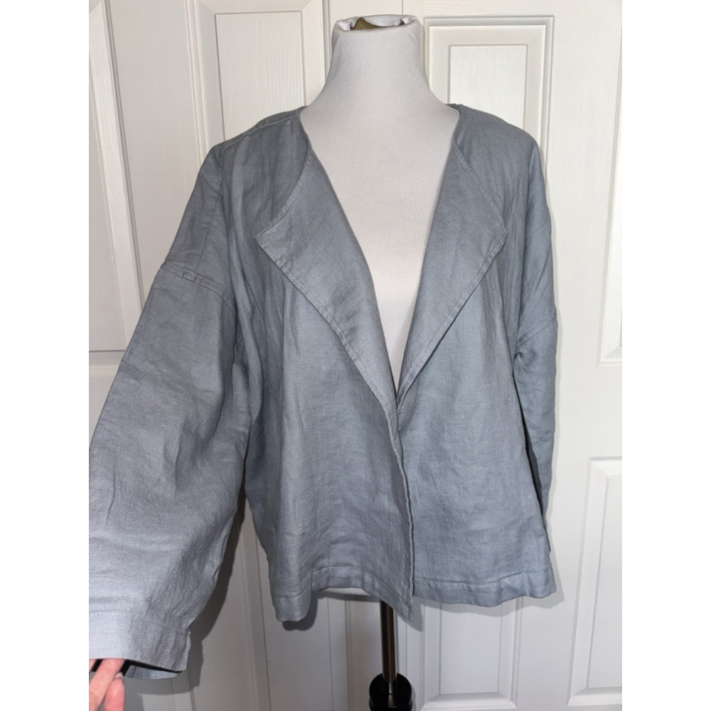 Eileen Fisher Organic Linen Open Front Jacket Blue Minimalist Coastal Lagenlook